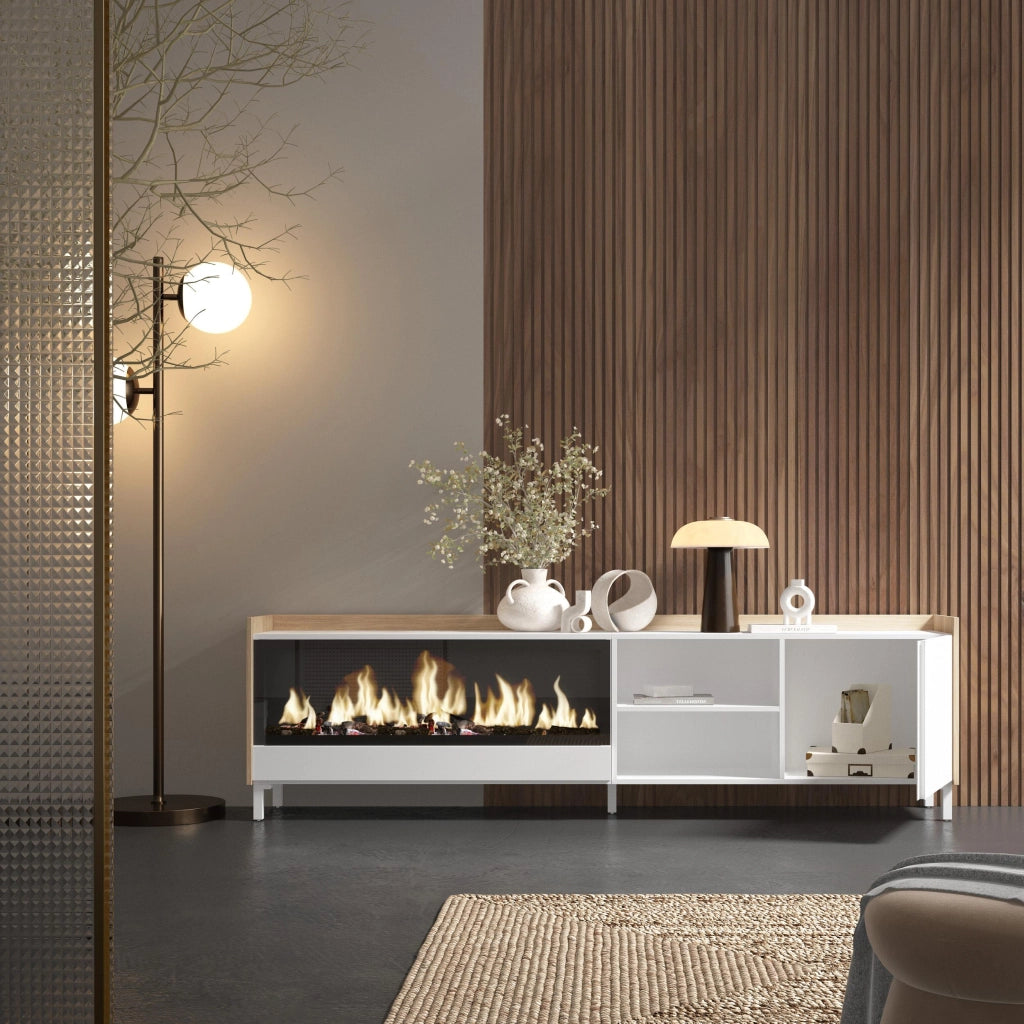 Mobile TV Soggiorno, 212x61x35 cm, Per TV fino a 80", Camino elettrico XXL, Design industriale, Bianco e Rovere soft