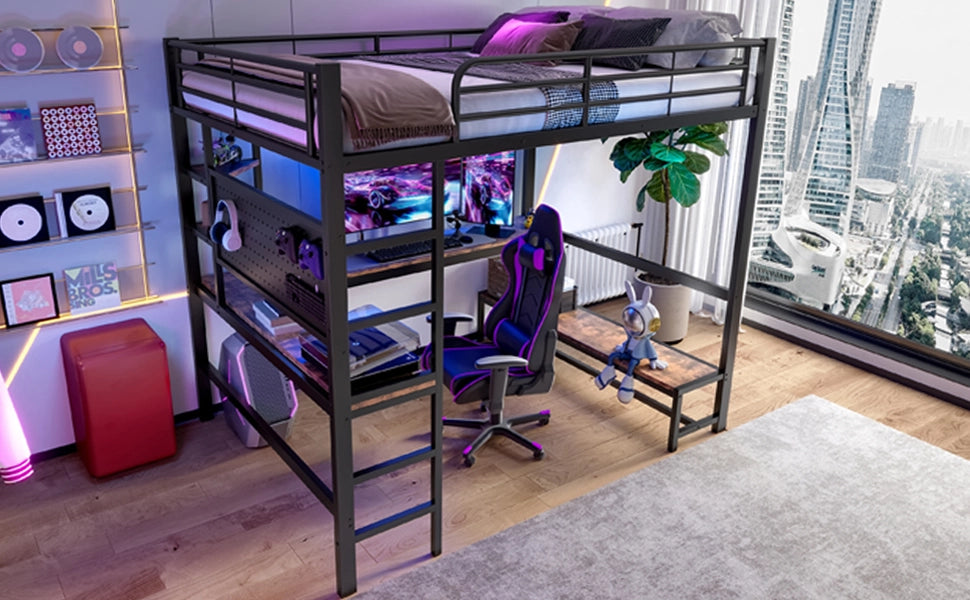 Letto a soppalco 140 × 200 cm con scrivania ripiani LED USB Type-C in metallo nero con pannelli MDF