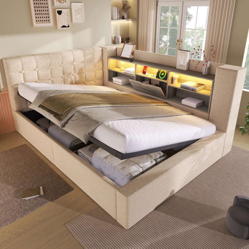 Letto imbottito con LED, contenitore idraulico e materasso incluso 140x200 cm