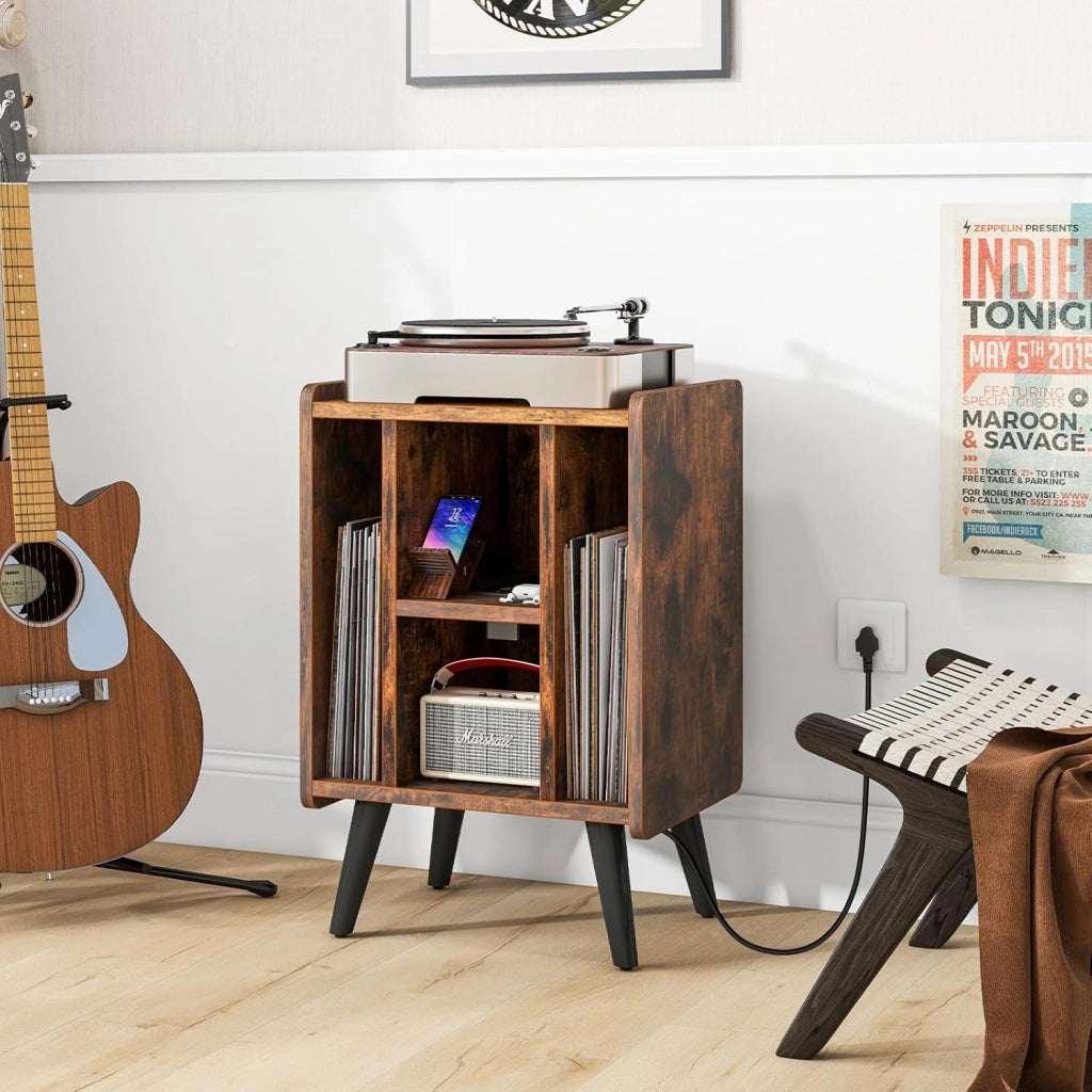 Tavolino da Letto Mobile Giradischi con Base di Ricarica, Comodino Camera da Lettocon Scomparti in Vinile, Comodino Smart per Soggiorno, Camera da Letto, Marrone, 43x34,5x67,5 cm