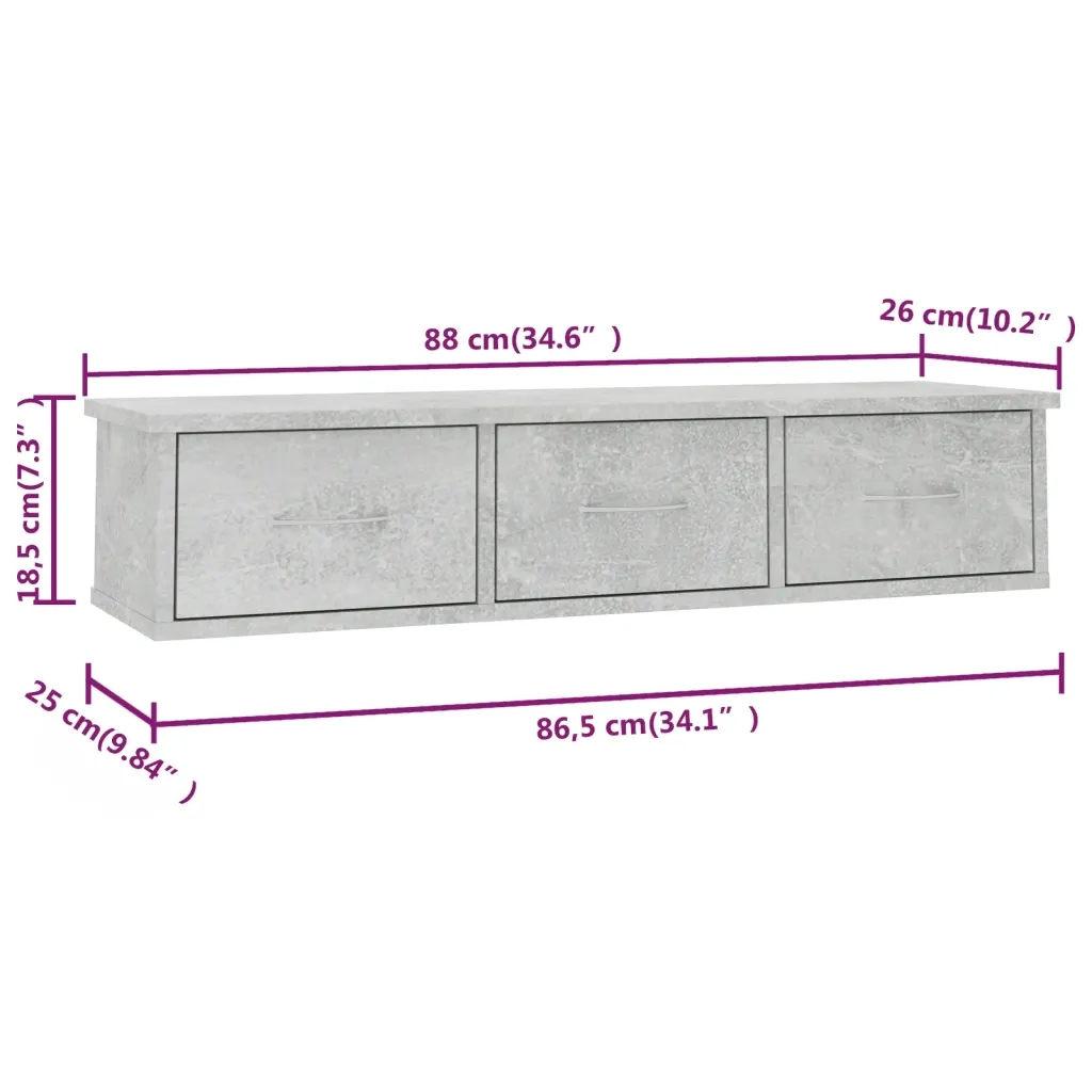 Scaffale Cassetti Parete | Mensola sospesa Grigio Cemento 88x26x18,5 Multistrato