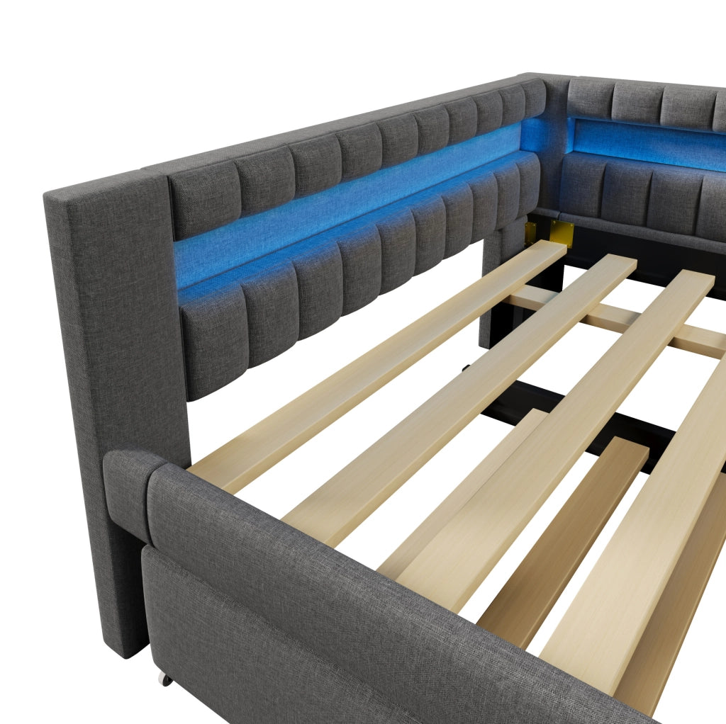 Daybed 140x200 cm grigio in lino con letto estraibile, LED, USB e Type-C