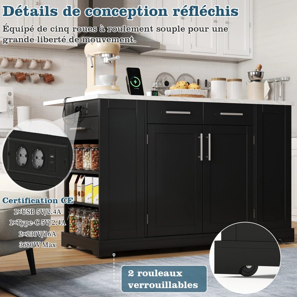 Isola cucina 138 cm con piano ribaltabile; ruote silenziose; presa EU; finitura nera