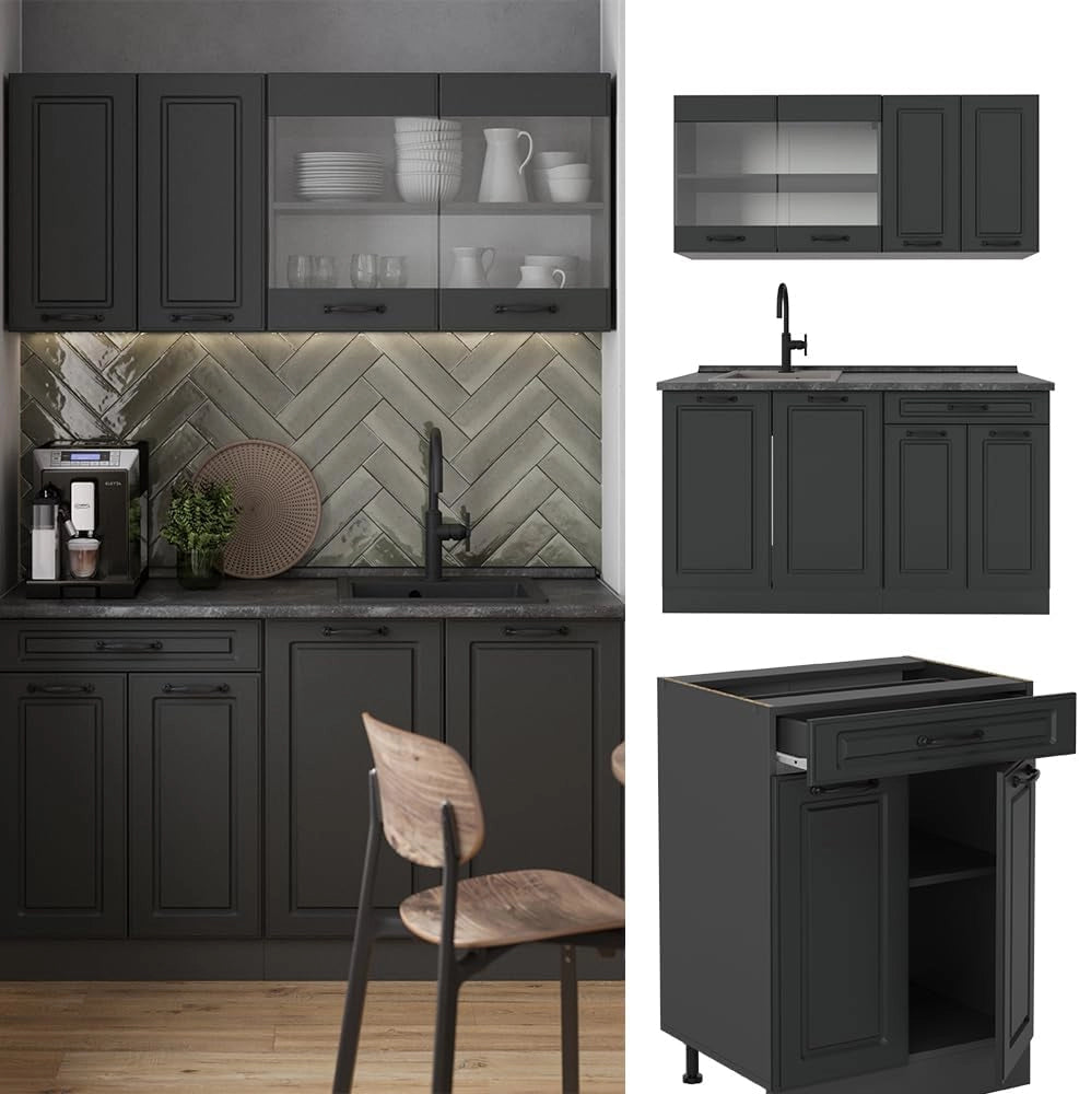 Cucina completa R-Line, Casa di campagna antracite/antracite, 140 cm senza piano di lavoro