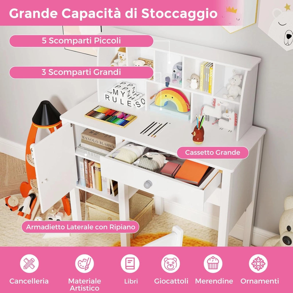 Set Scrivania e Sedia per Bambini in Legno, Tavolo e Sedia per Cameretta con Cassetto, Ripiano e Armadietto, Scrivania per Bambini Età 3+ Anni per Computer