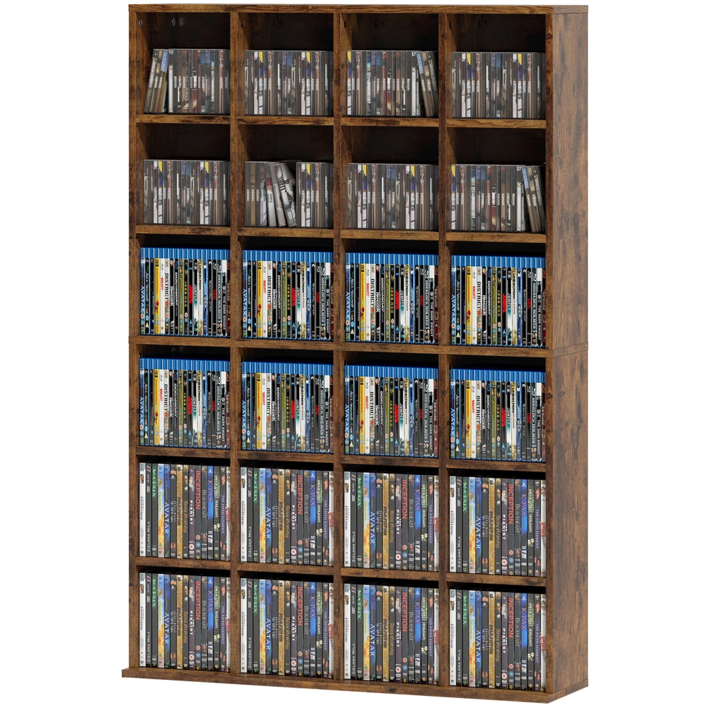 Meuble de Rangement 456 CDs / 336 DVDs, Étagère Multimédia, 24 Compartiments et 16 Étagères Ajustables, Marron