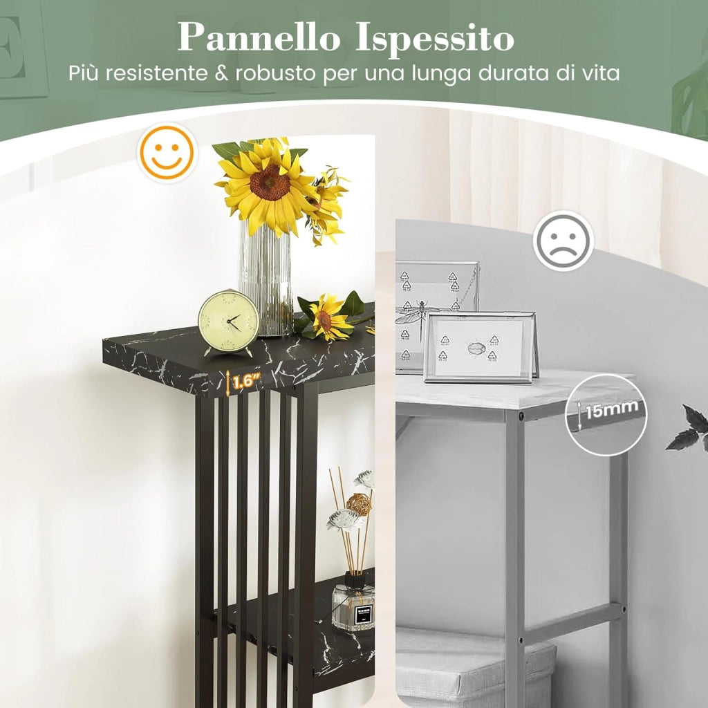 Tavolo da Ingresso Stretto e Compatto, Tavolo da Divano in Finto Marmo con Struttura in Acciaio, Consolle Moderno per Salotto e Corridoio, 120 x 29,5 x 92,5 cm (Nero)