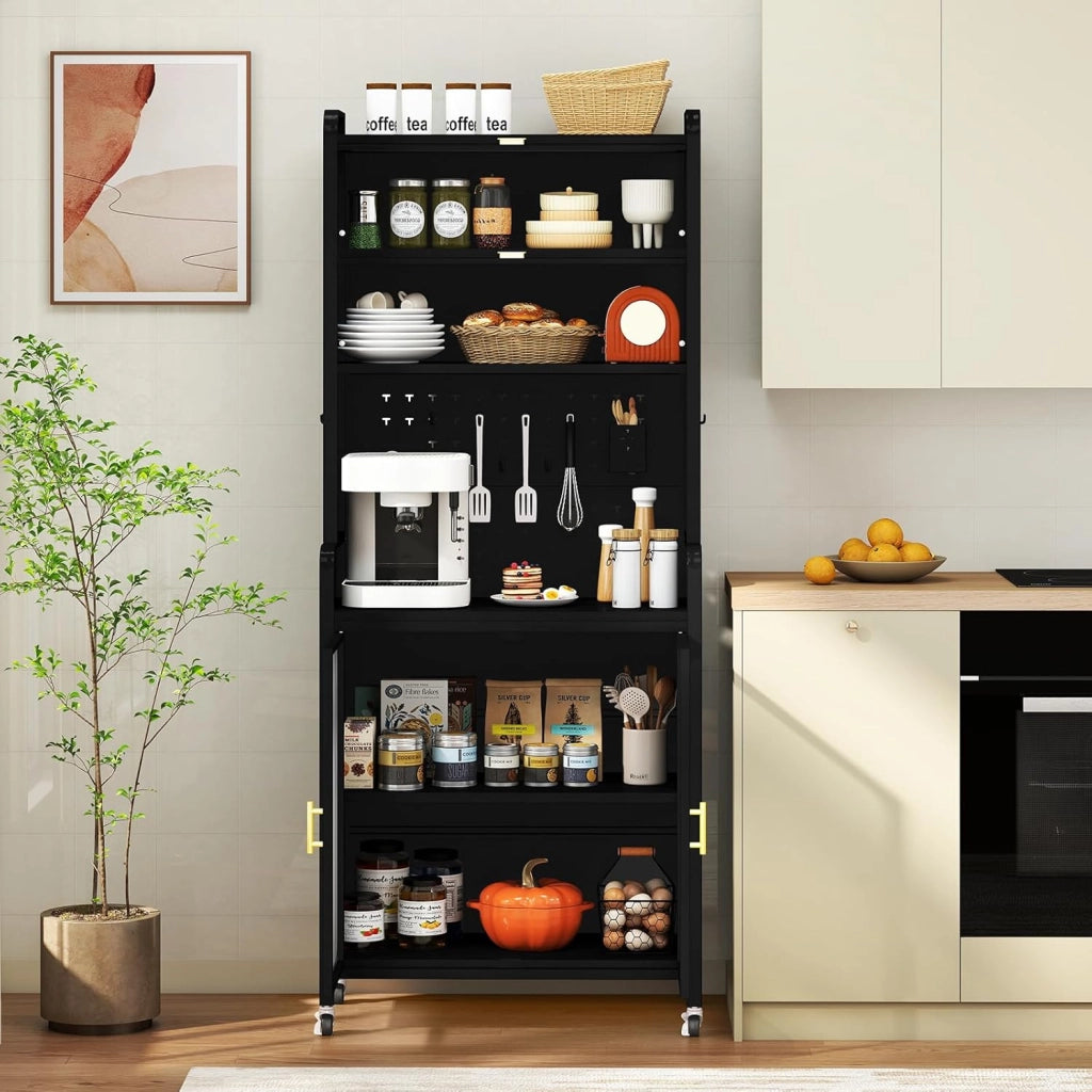 Credenza da cucina a 6 livelli, armadio a buffet con pannello di perforazione, ante apribili e ripiano regolabile, mobile in metallo con 4 ruote estraibili