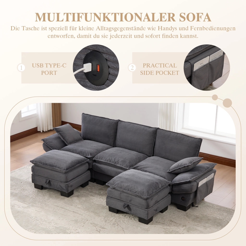 Divano modulare a 3 posti in tessuto corduroy con 2 pouf, seduta ampia ergonomica, USB-C, grigio scuro