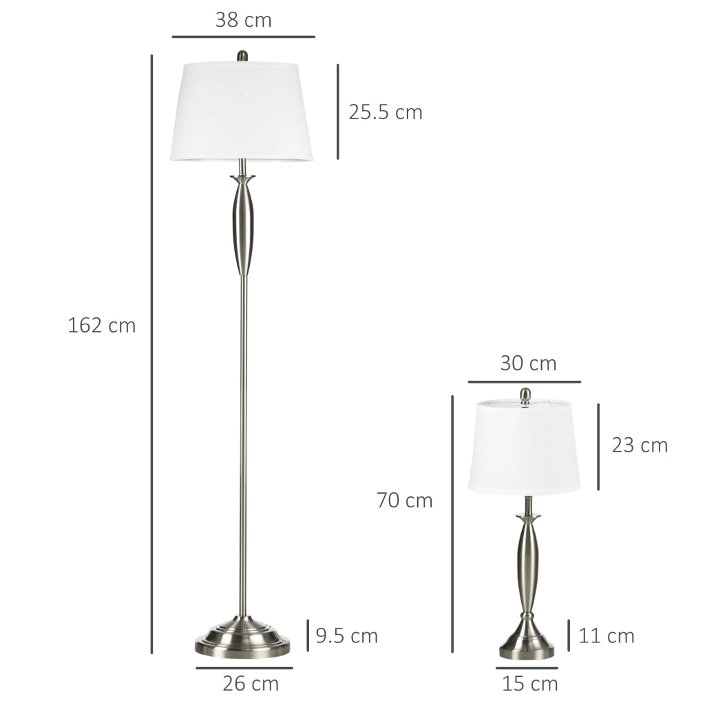 Set di 3 lampade: lampada da terra e 2 lampade da tavolo con attacco E27, argento e bianco, per soggiorno, camera da letto, illuminazione moderna