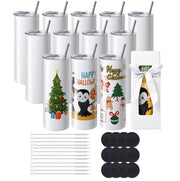 Set di bicchieri per sublimazione - 12 pz - Tumbler in acciaio inossidabile - 590 ml (20 oz) - Doppio strato - Con coperchio e stoppino - Spazzola e pellicola per sigillatura - Per sublimazione - Confezione regalo