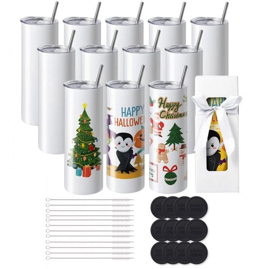 Set di bicchieri per sublimazione - 12 pz - Tumbler in acciaio inossidabile - 590 ml (20 oz) - Doppio strato - Con coperchio e stoppino - Spazzola e pellicola per sigillatura - Per sublimazione - Confezione regalo