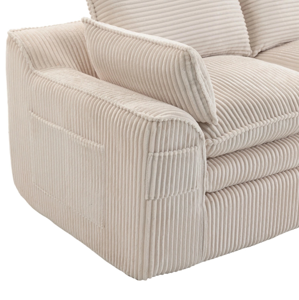 Divano modulare in velluto a coste beige con pouf; tasche laterali e cuscini; 263 x 167 x 85 cm