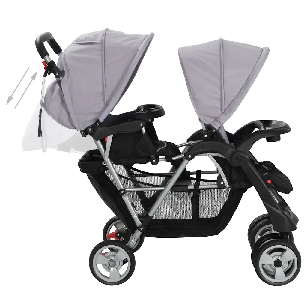 Passeggino Gemellare a Tandem in Acciaio Grigio e Nero 10113