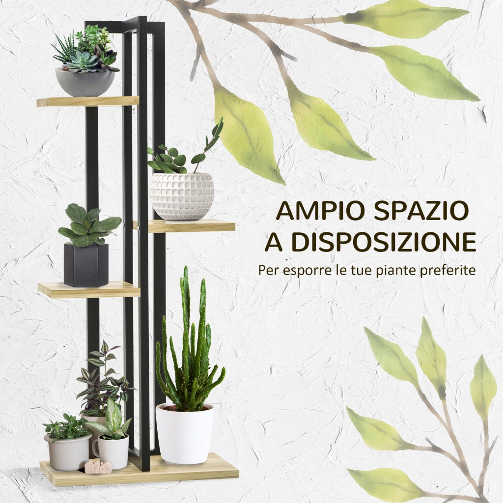 Portapiante 4 Ripiani ¨C zephmum ¨C Legno Abete e Metallo, 45x25x110 cm, Nero