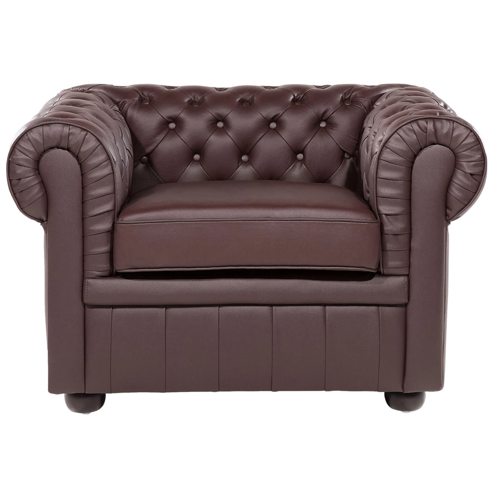 Set soggiorno Chesterfield Rivestimento in pelle marrone Gambe in legno scuro Divano a 3 posti + poltrona contemporanea