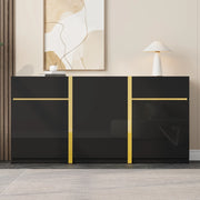 Credenza lucida, 3 ante e 2 cassetti, mobile da ingresso, finiture dorate, nero