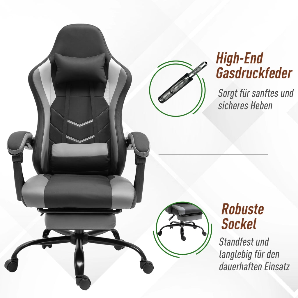 Sedia da gaming ergonomica con schienale reclinabile e poggiapiedi, cuscino cervicale e lombare, schiuma nera
