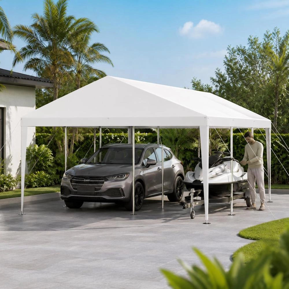 Carport, 3.05 X 6.09 X 2.87 M, Car Shelter, Tent Garage, Garage Tent, Galvanized Car Shelter, UV-resistant, Year-round Protection, Storage Shed For Car, Boat, Motorcycle, White