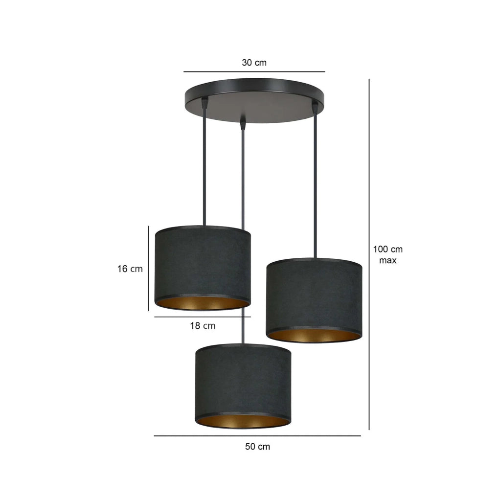 Lampadario Tondo 3 Luci Ganesha In Acciaio Nero E Paralumi In Tessuto Nero