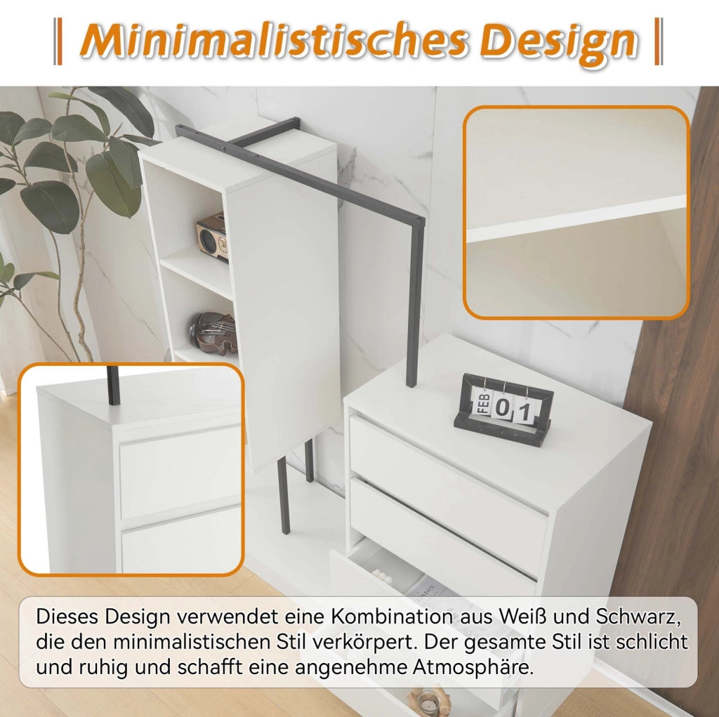 Armadio contenitore bianco con 4 cassetti e vani aperti, 140×40×135 cm