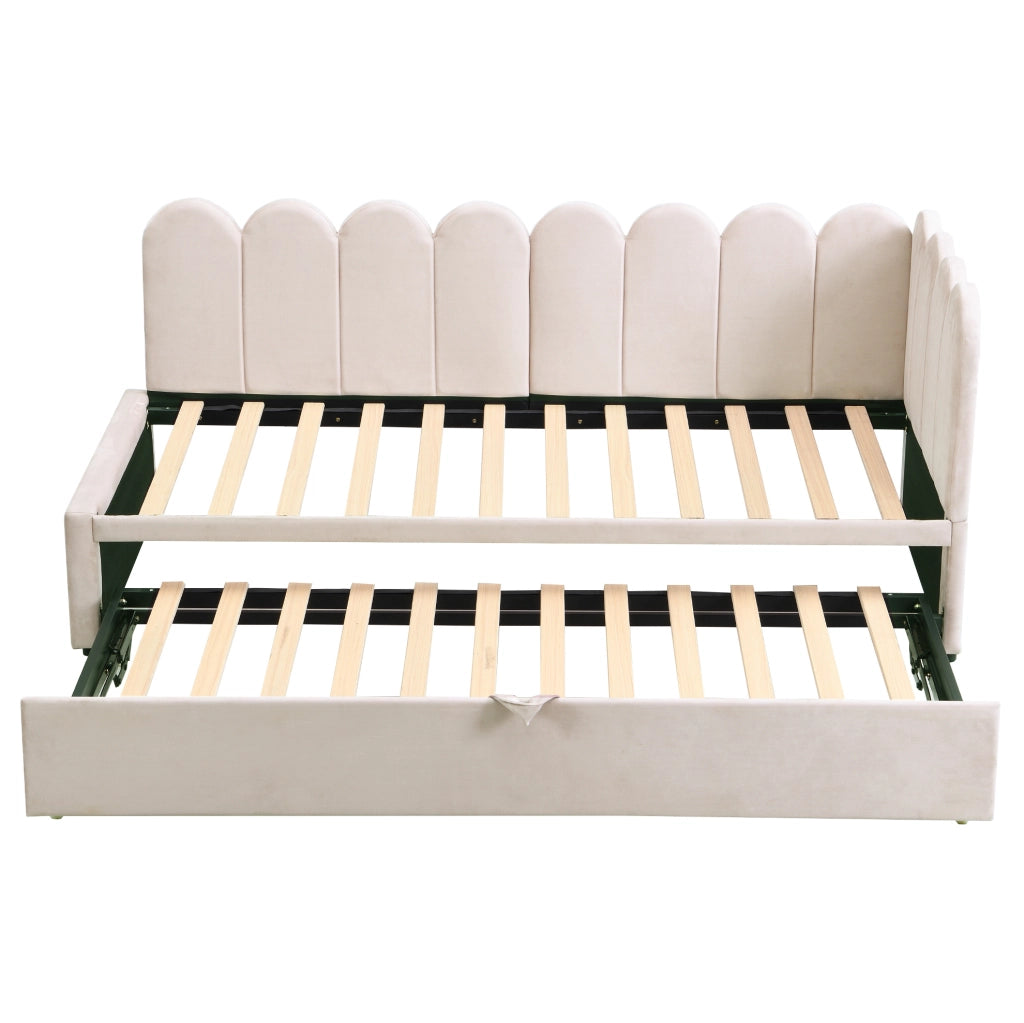 Divano letto 90x200 cm; estraibile a L in velluto; beige