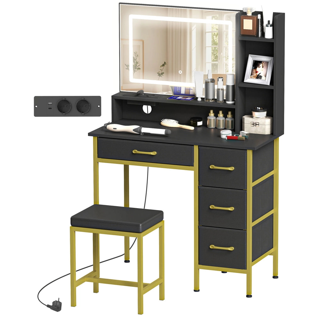 Toletta con Specchio LED e Sgabello ¨C Xylo ¨C 4 Cassetti Nero con Stazione di Ricarica