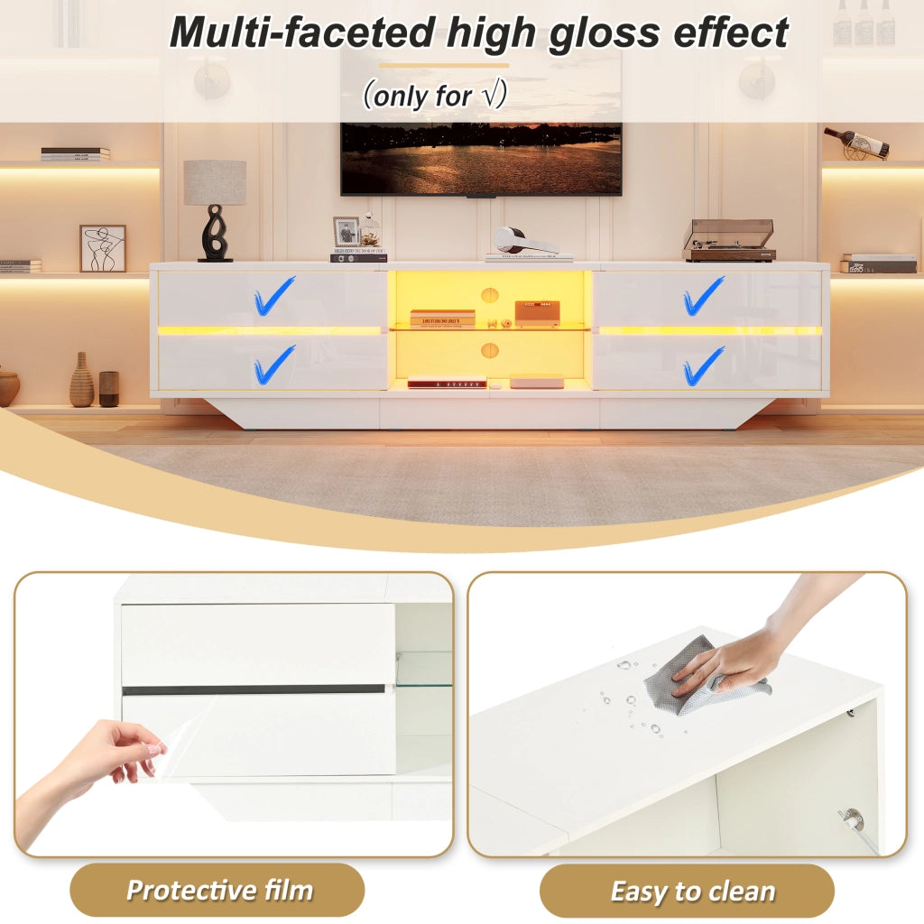 Mobile porta TV con LED e 2 ante 4 vani e ripiano in vetro regolabile per soggiorno bianco 160 × 35 × 44,5 cm