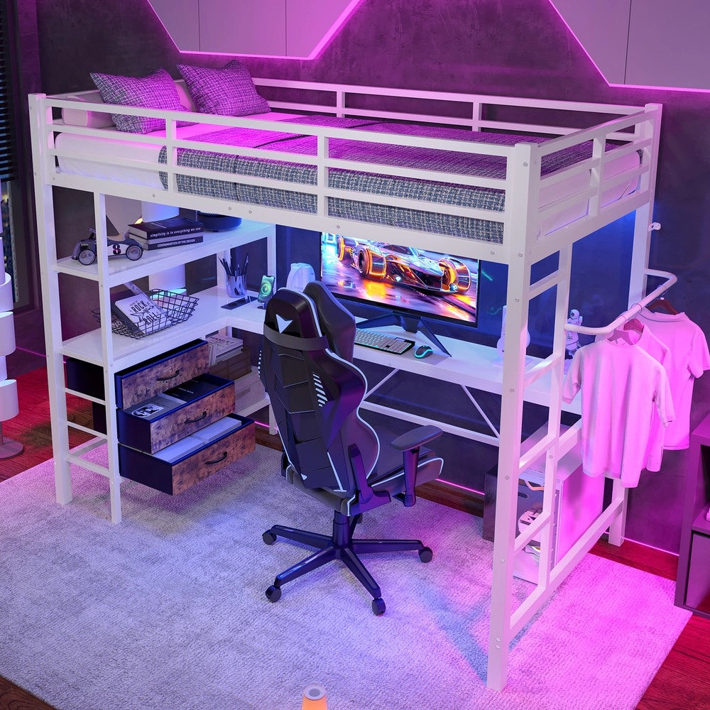 Letto a Soppalco con Scrivania, LED, Cassetti e Rete a Doghe ¨C MINIMAL ¨C Bianco 90x200