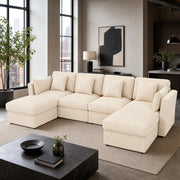 Divano angolare modulare a U in corduroy beige con poggiatesta, pouf mobili e braccioli regolabili