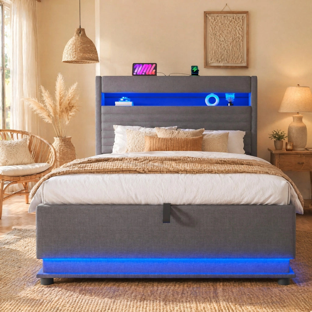 Letto imbottito 90x200 cm in lino grigio con contenitore idraulico; LED e porte USB