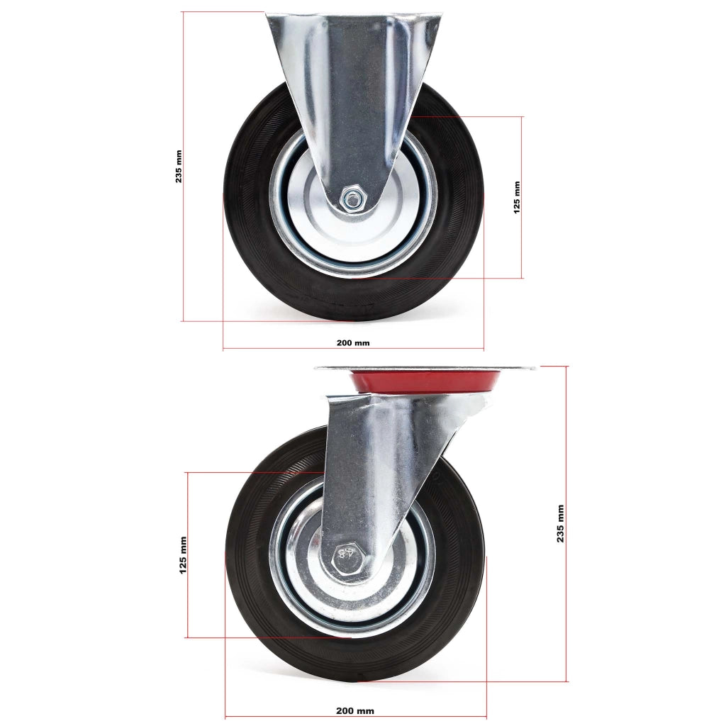 Set rotelle da trasporto 200 mm 2 ruote piroettanti 2 fisse, nucleo in metallo, 150 kg a ruota