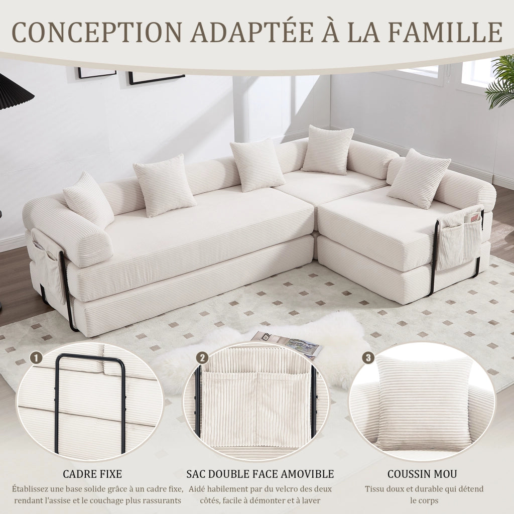 Divano modulare in velluto a coste con tasca laterale e funzione letto per soggiorno beige