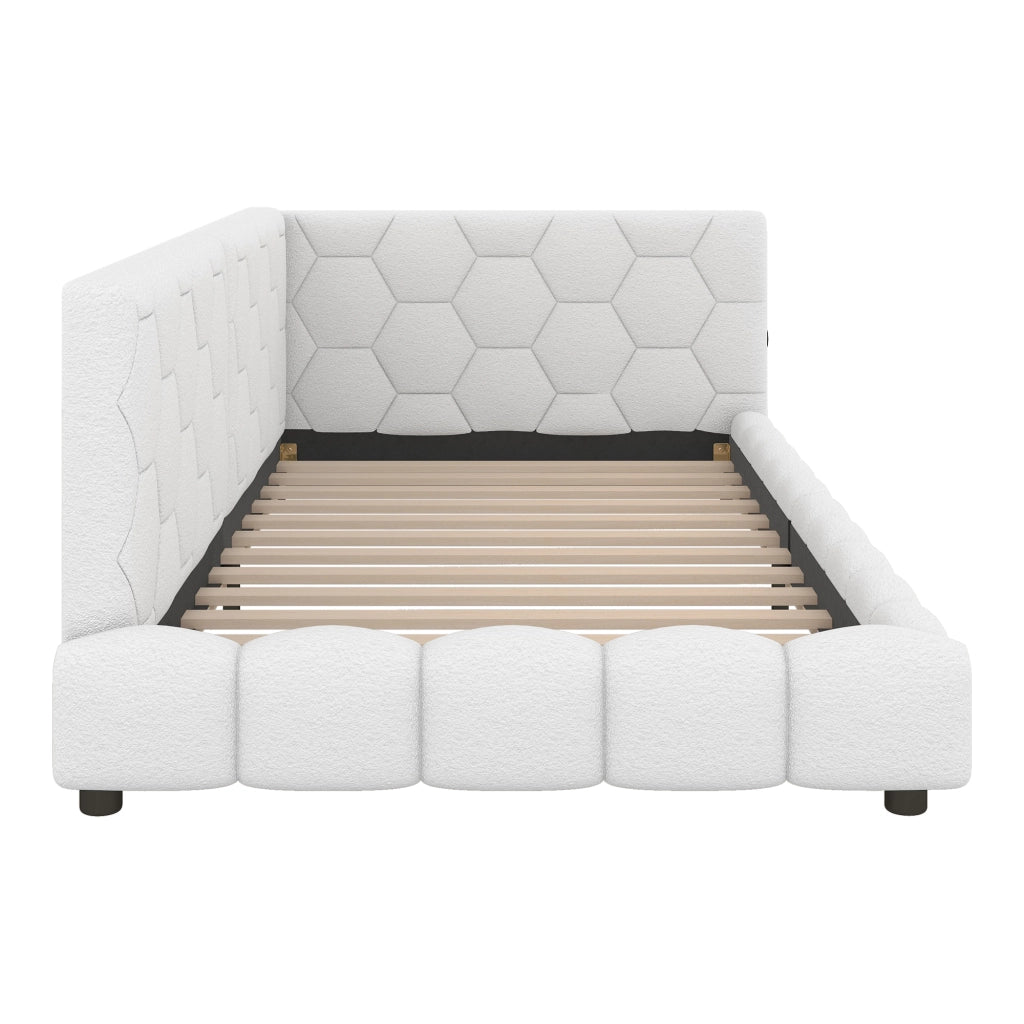 Letto singolo imbottito 90 x 200 cm con rete a doghe; luci LED multicolore e porte USB; bianco