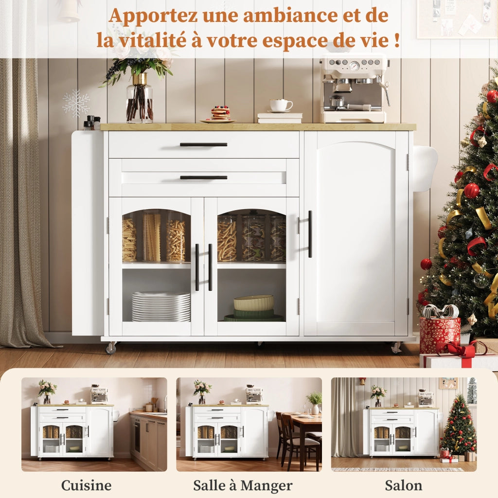 Carrello da Cucina con 2 Ante in Vetro; 2 Cassetti; Piano Ribaltabile e 5 Ruote; in MDF; 120 x 45(70) x 90 cm