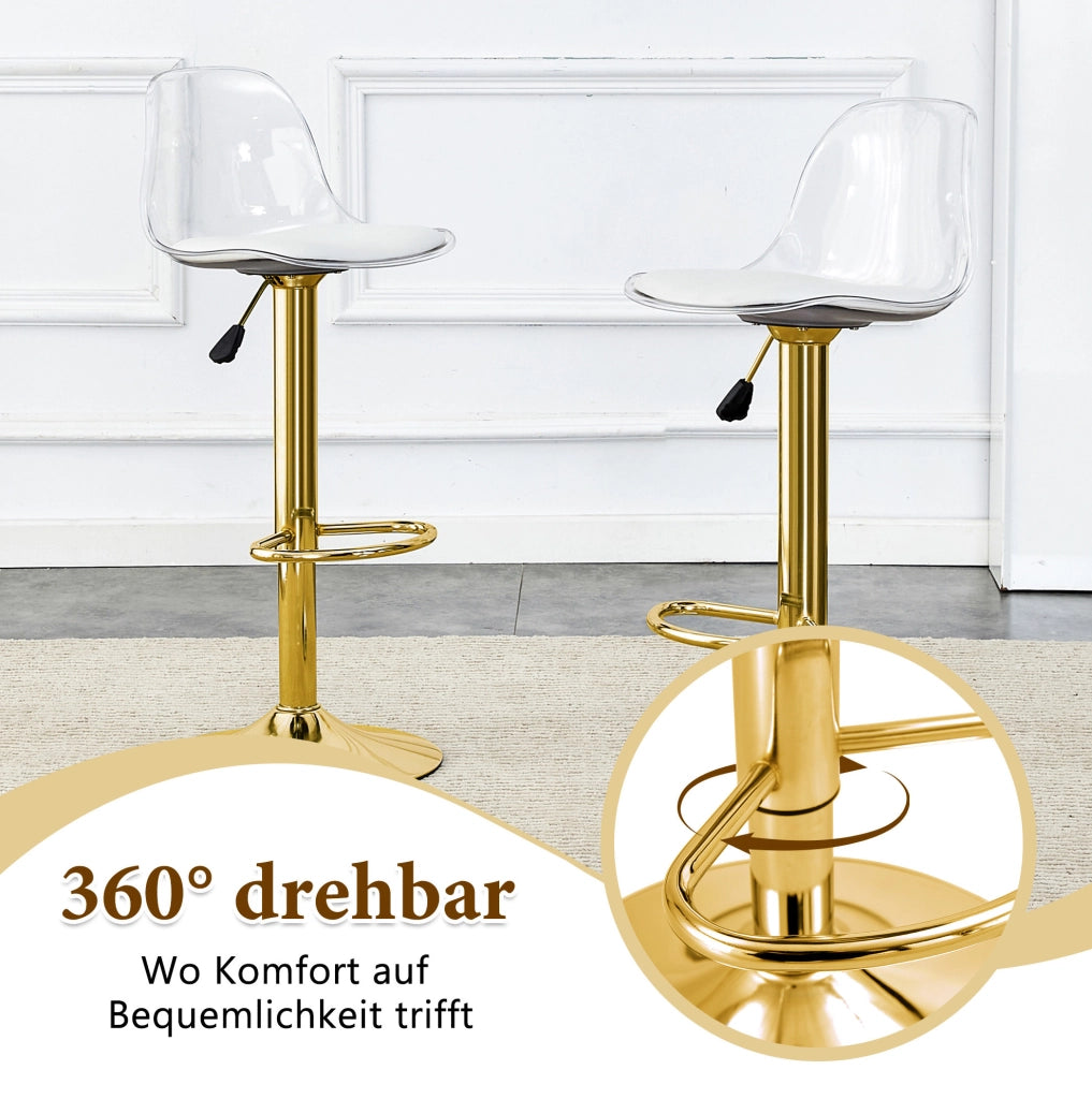 Set di 2 sgabelli da bar regolabili 82-104 cm girevoli 360°; metallo dorato e plastica trasparente