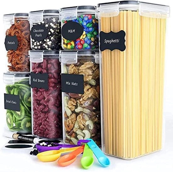 Set di contenitori a chiusura ermetica - 7 pz - Contenitori di conservazione & contenitori di stoccaggio - Materiale plastico BPA libero con coperchi per muesli, fiori e zucchero - Set di etichette, pennelli e lembi