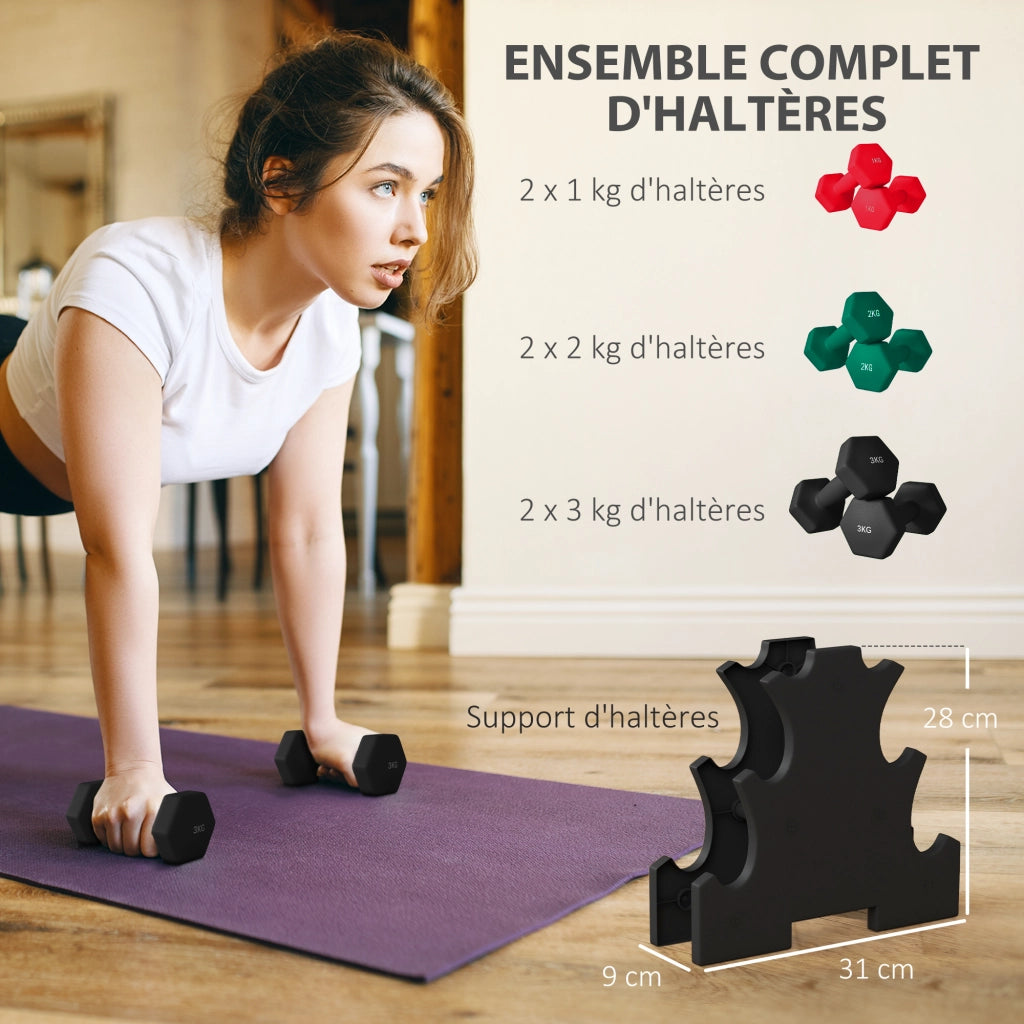 Set di manubri esagonale con supporto ¨C zephmum ¨C 2x1kg, 2x2kg, 2x3kg