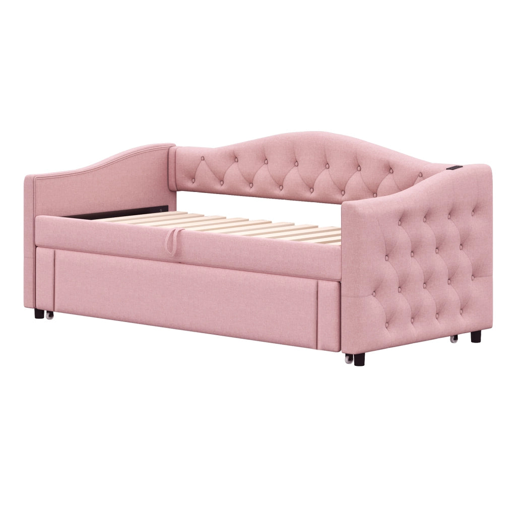 Letto singolo 90×200 cm salvaspazio estraibile con USB e rete; senza materasso; tessuto; rosa
