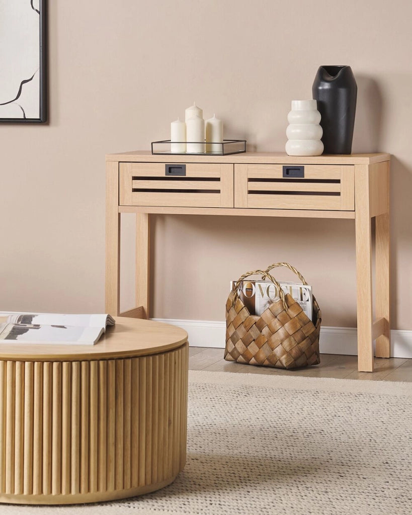 Tavolo Consolle Legno Chiaro Manufatto 2 Cassetti Maniglie Nere Mobili Soggiorno Corridoio Design Moderno Boho
