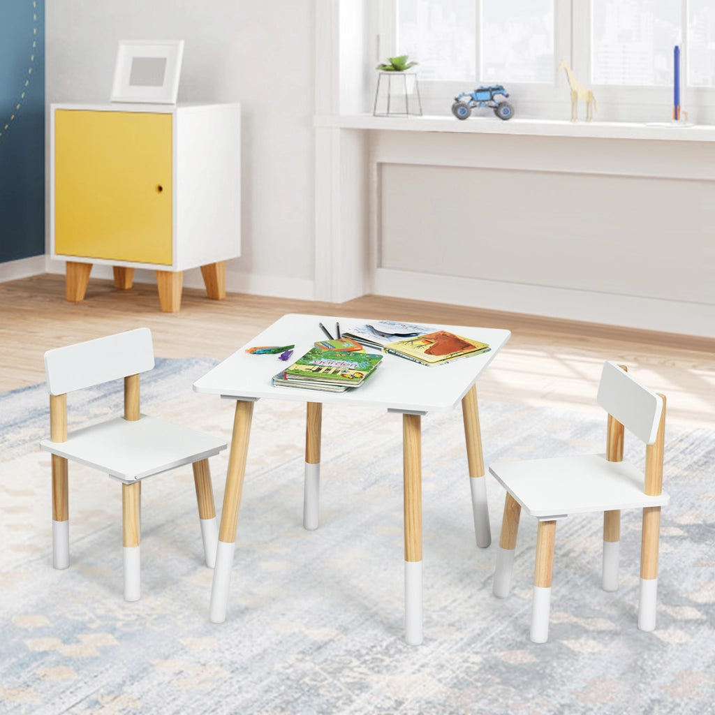 Set tavolo e 2 sedie con gambe in legno di pino per bambini, Set tavolo attivit¨¤ per bambini Bianco