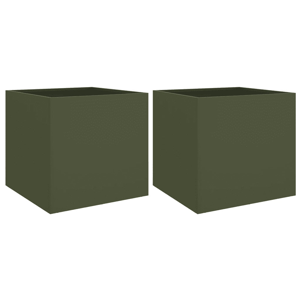 2 pz Fioriere | Cassetta per fiori | Vaso Verde Oliva 49x47x46 cm in Acciaio