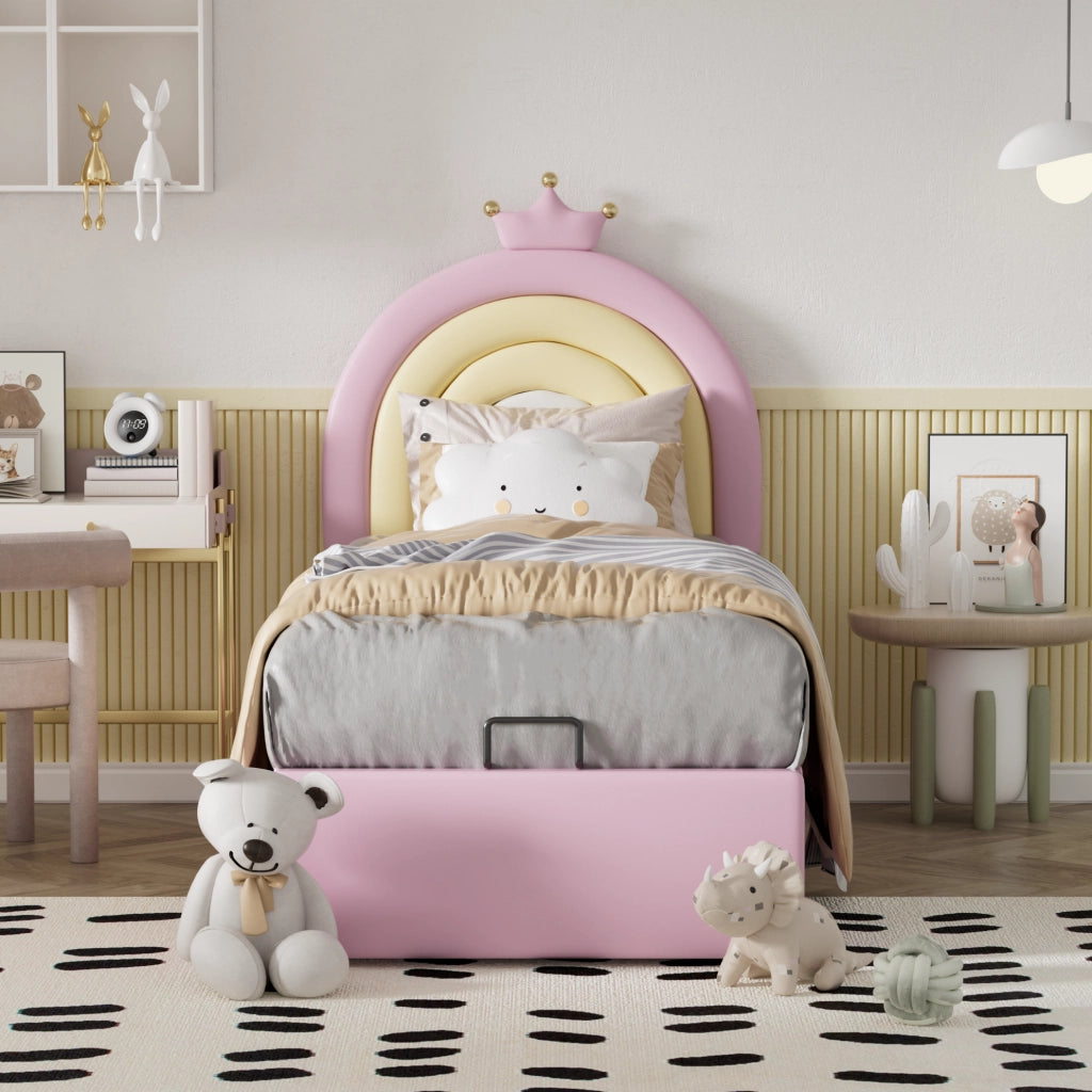 Letto imbottito singolo 90x200 cm in PU rosa; testiera regolabile e rete a doghe