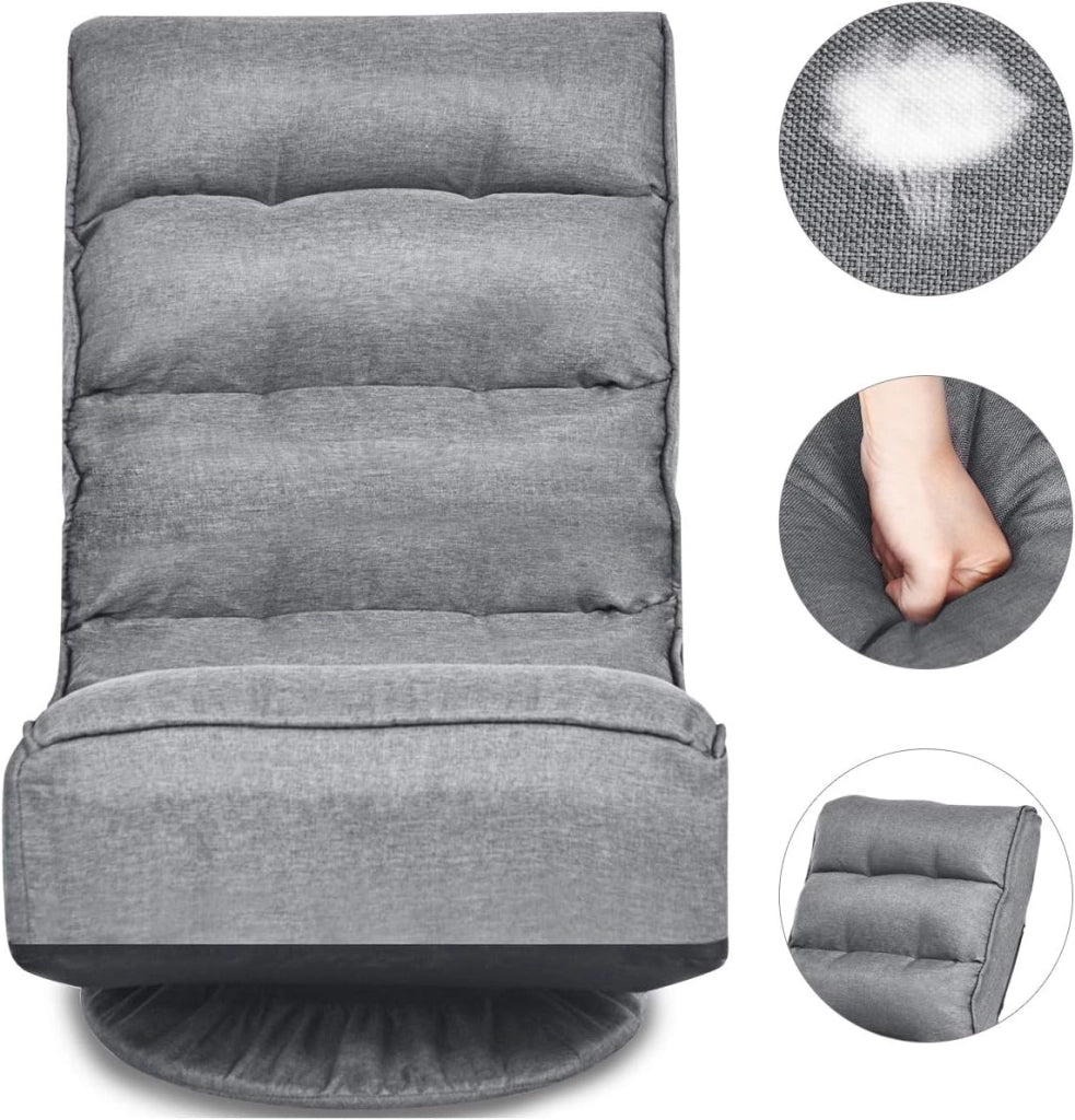 Sedia Imbottita da Pavimento, Reclinabile a 5 Livelli, Schienale Pieghevole, Base Girevole, Portata di 120 kg, Postazione da Relax/Lavoro/Gaming, 59x75x83 cm, 4 Colori Disponibili
