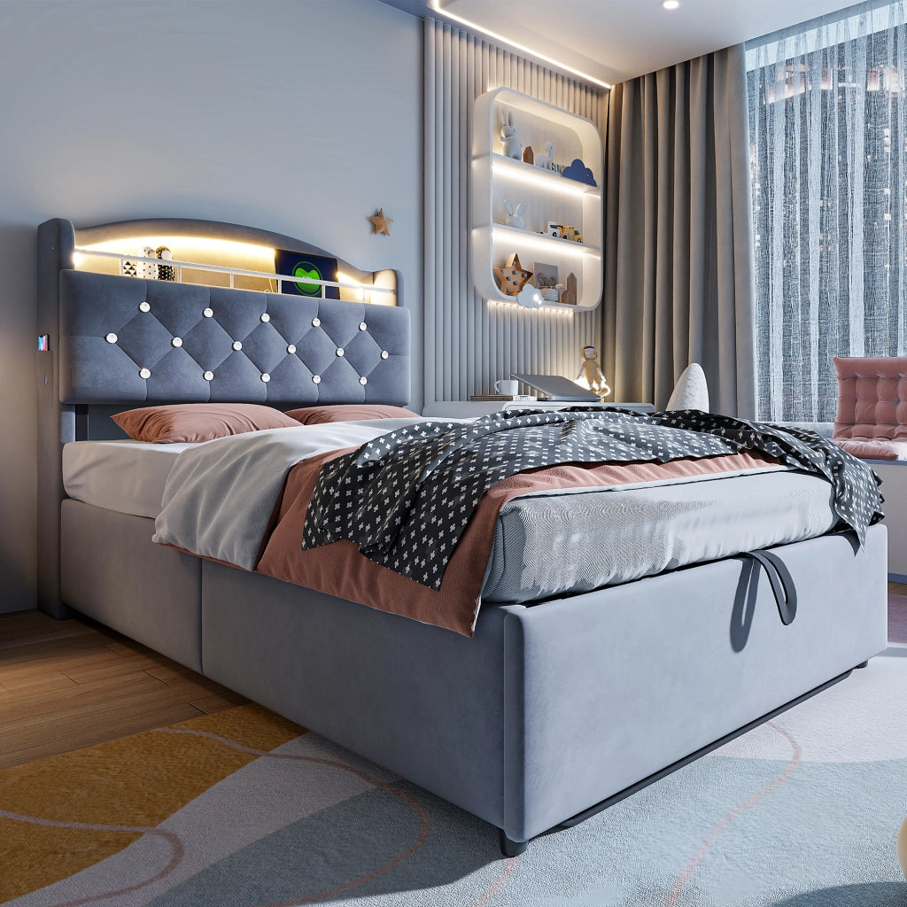 DESMIU Letto bambino 90 × 200 cm con contenitore, LED, USB e Type-C, senza materasso, in velluto, grigio