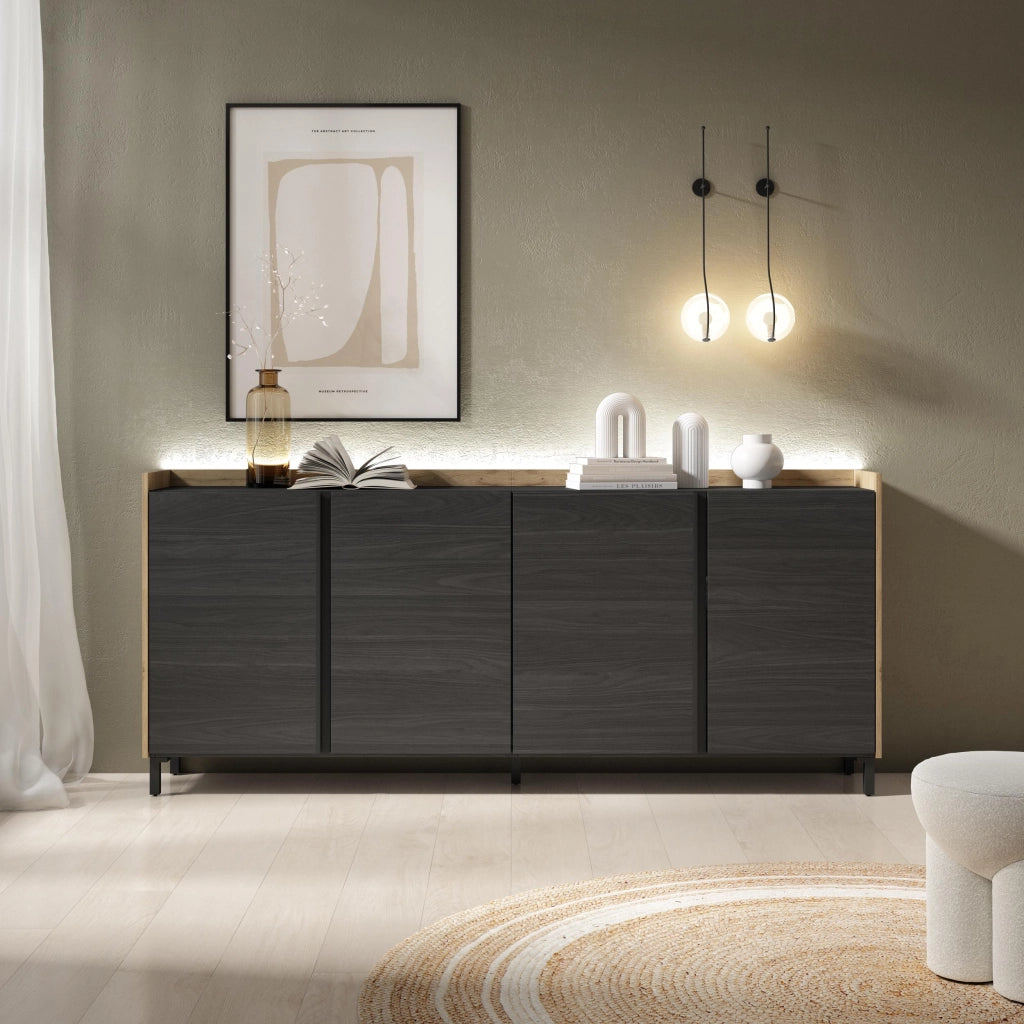 Credenza, Mobile, Cucina, 207x91x35 cm, 4 Porte, Design industriale, LED, Nero e rovere
