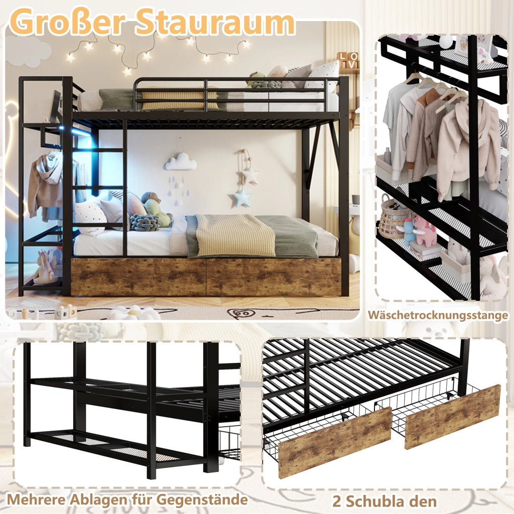 DESMIU Letto soppalco 2 posti con 2 cassetti, mensole, barra appendiabiti e LED, 140 × 200 cm, senza materasso