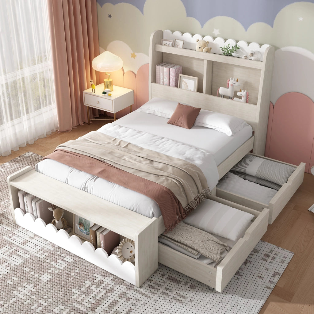 Letto singolo 90x200 cm in legno con 2 cassetti, ripiani e seduta contenitore, bianco e effetto rovere, con rete a doghe