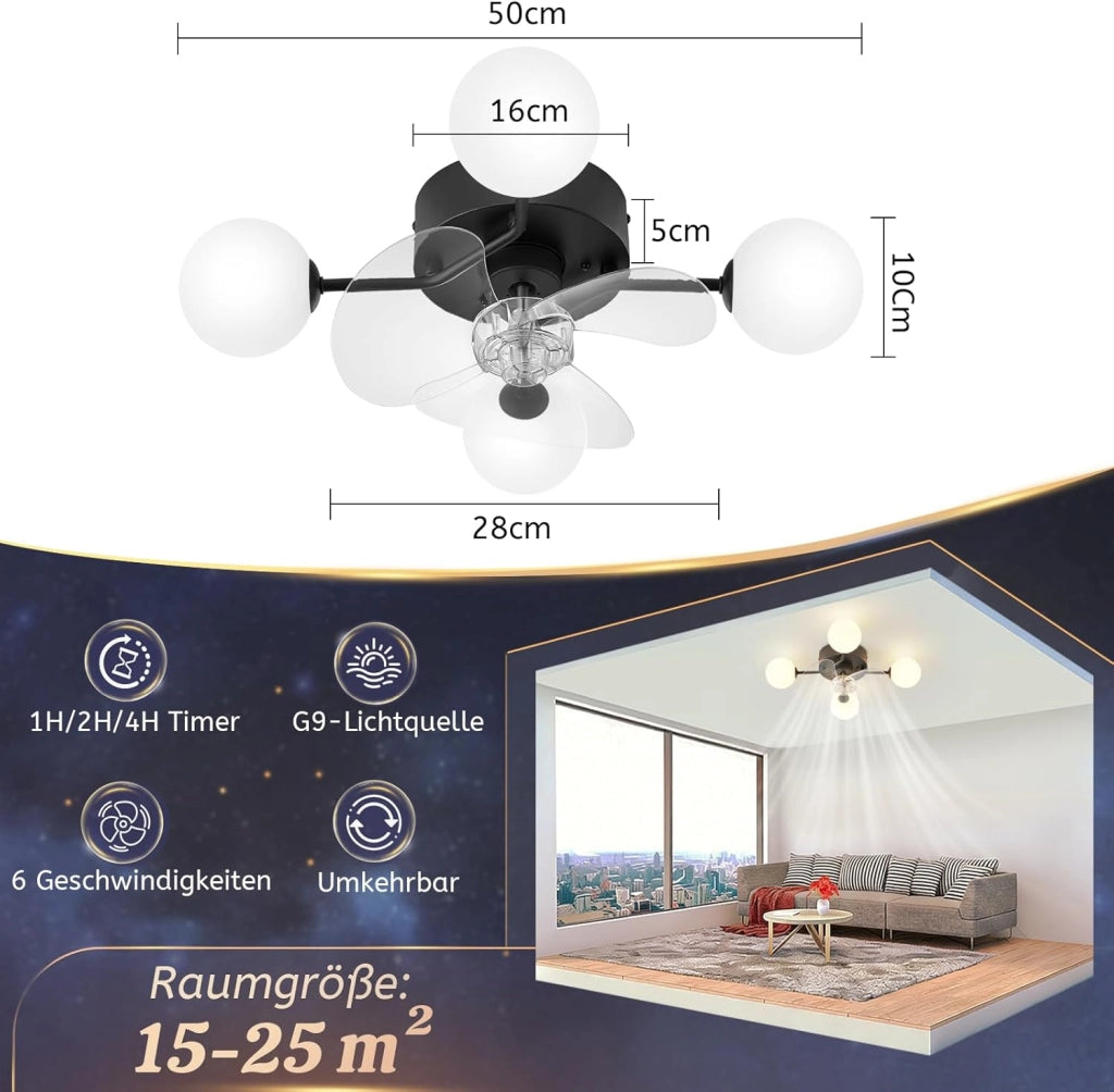 ZMH Ventilatore da Soffitto Silenzioso G9 con Luce Telecomando 6 Velocità per Sala da Pranzo Lampadina Non Inclusa