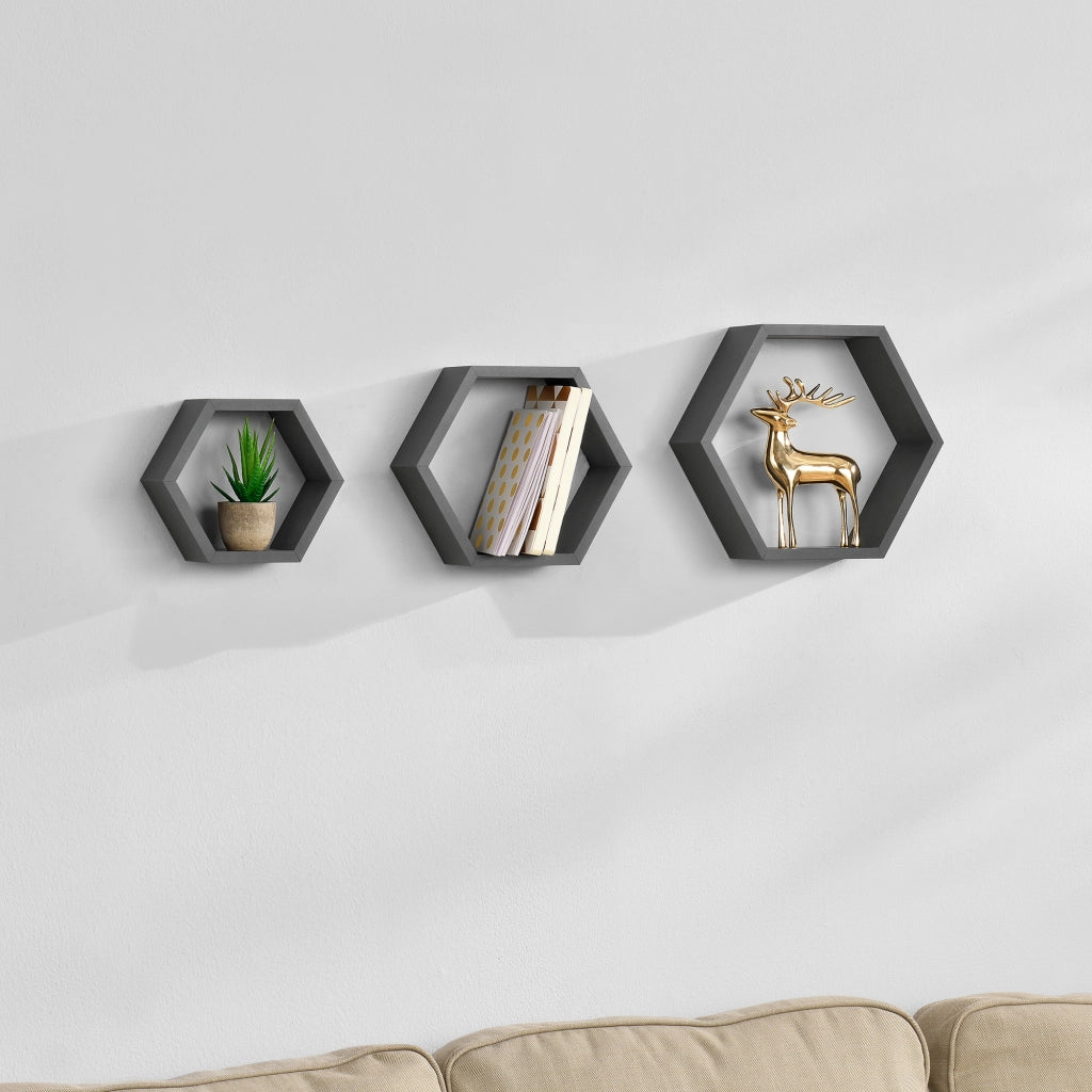 Set di 3 Mensole Esagonali da Parete Scaffali da Muro Design a Nido d’Ape - Grigio Scuro [en.casa]